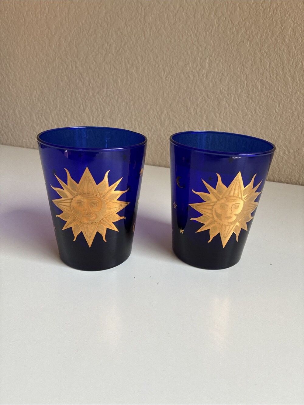 Culver Celestial Sun Stars Cobalt Blue 22K Gold Cocktail 14 oz Set Of 2 Glasses